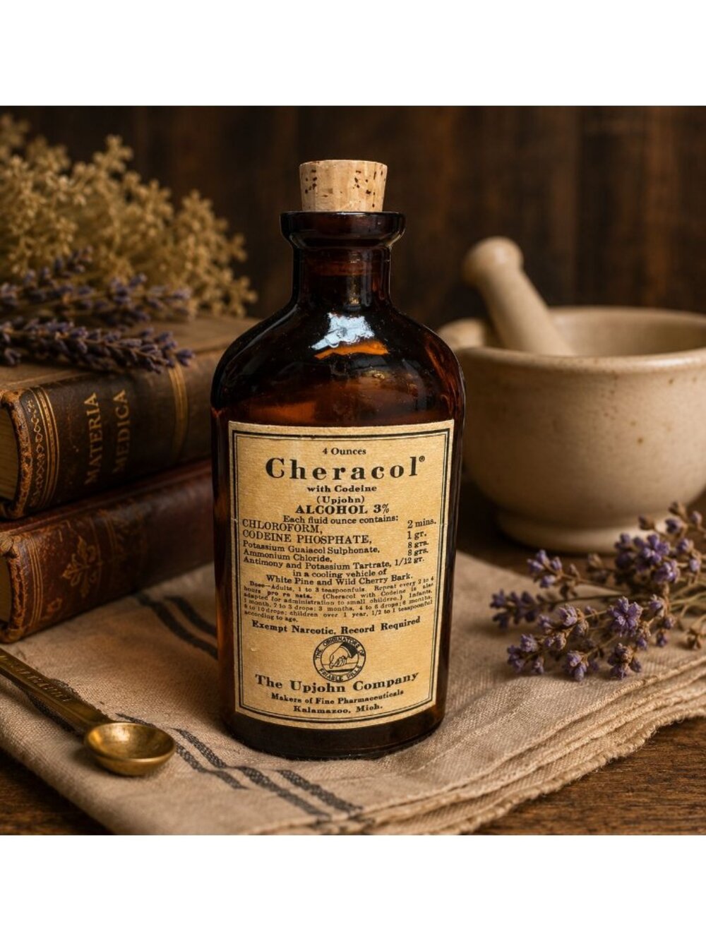 Vintage Cheracol With Codeine Apothecary Bottle – Upjohn Kalamazoo Michigan – Or